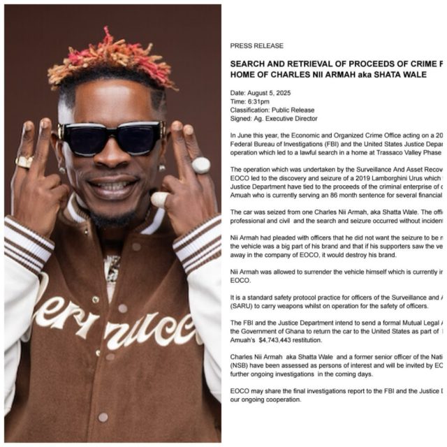 EOCO confirms retrieval of Lamborghini from Shatta Wale’s residence in joint operation with FBI