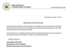 Government sets November 28 for state funeral of former First Lady Nana Konadu Agyeman Rawlings
