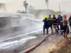 Photos of firefighters battling Saturday’s Nsawam–Accra highway tanker explosion