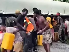 Konongo youths rush to siphon oil from an overturned tanker