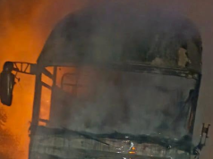 Yutong bus destroyed by fire on Mankessim–Accra highway, passengers escape unhurt