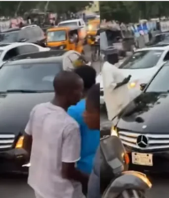 Husband catches wife with another man inside a Benz